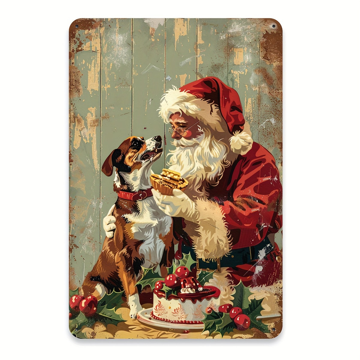Home Gym Garage - Vintage Christmas Santa and Dog Metal